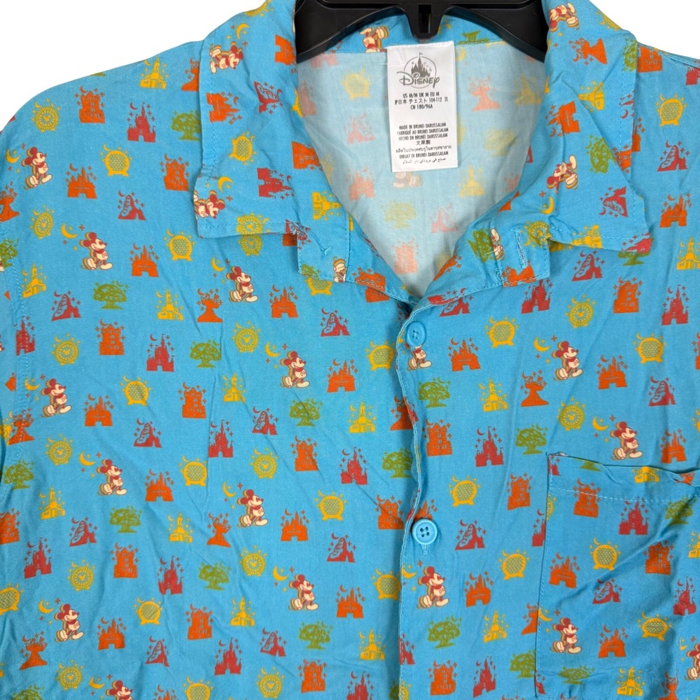 Disney Button Down Shirt M 21.5 Mickey Castle DVC Member Blue Vacation Whimsical